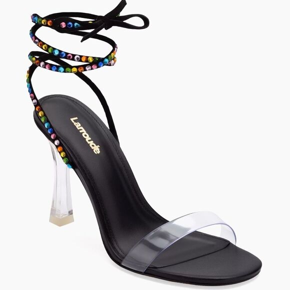NWOB Larroude Disco Gloria Embellished Wrap Sandals in Black Leather/Vinyl 6.5 - Picture 2 of 16
